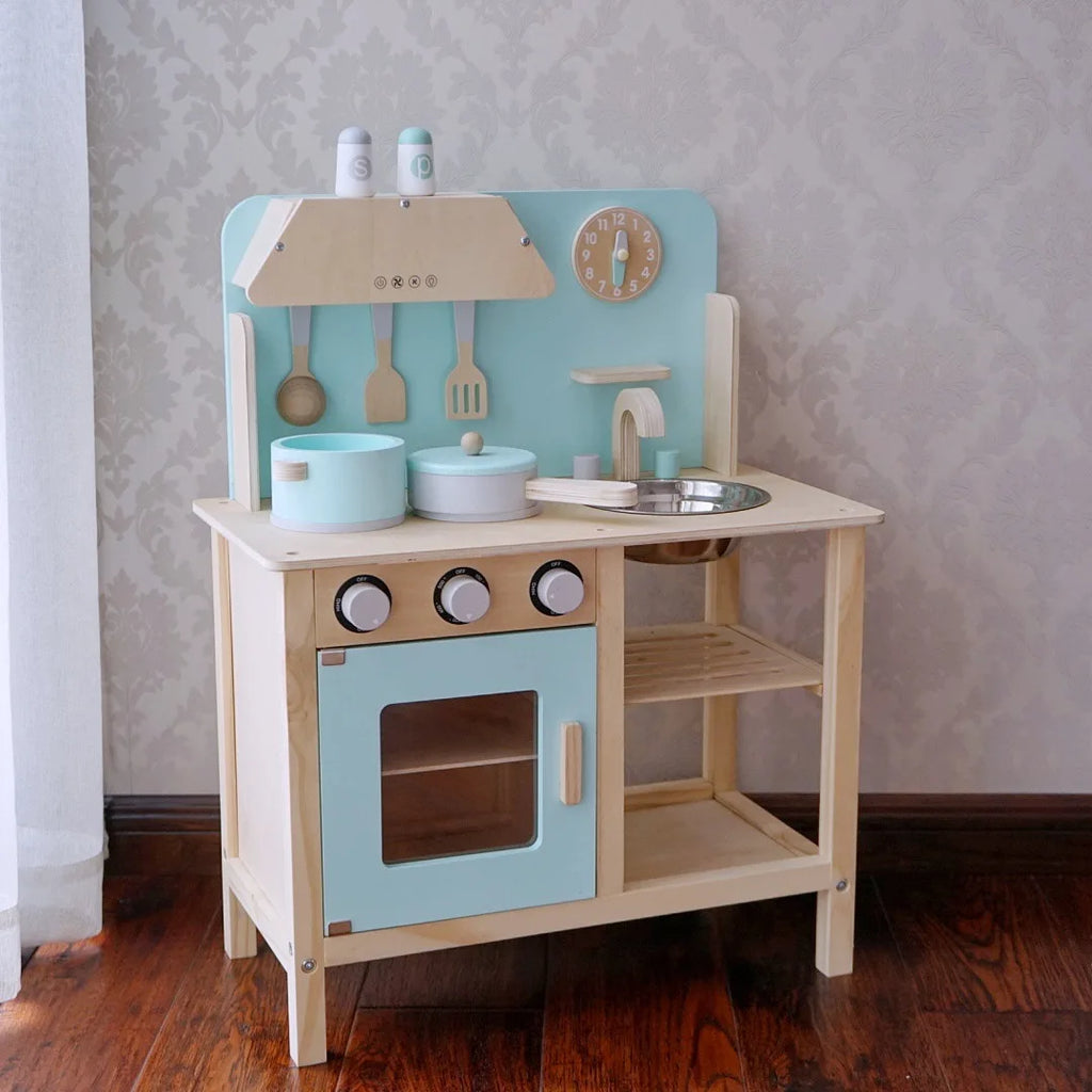 Children's Family Kitchen Toy Set Baby Cooking Stove Mock Blue Kitchen Wooden Play House Toy Role Play Toy