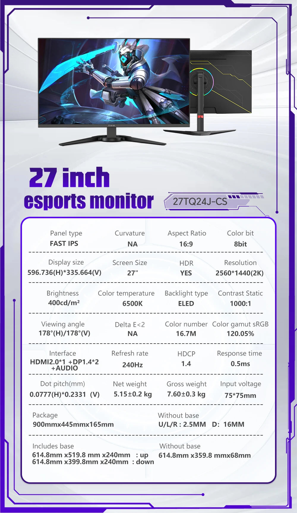 Newest Design 27Inch 2K Monitor 240HZ for Advanced Users Desktop Computer Screen Better Immersion Monitors Pc Support Freesync