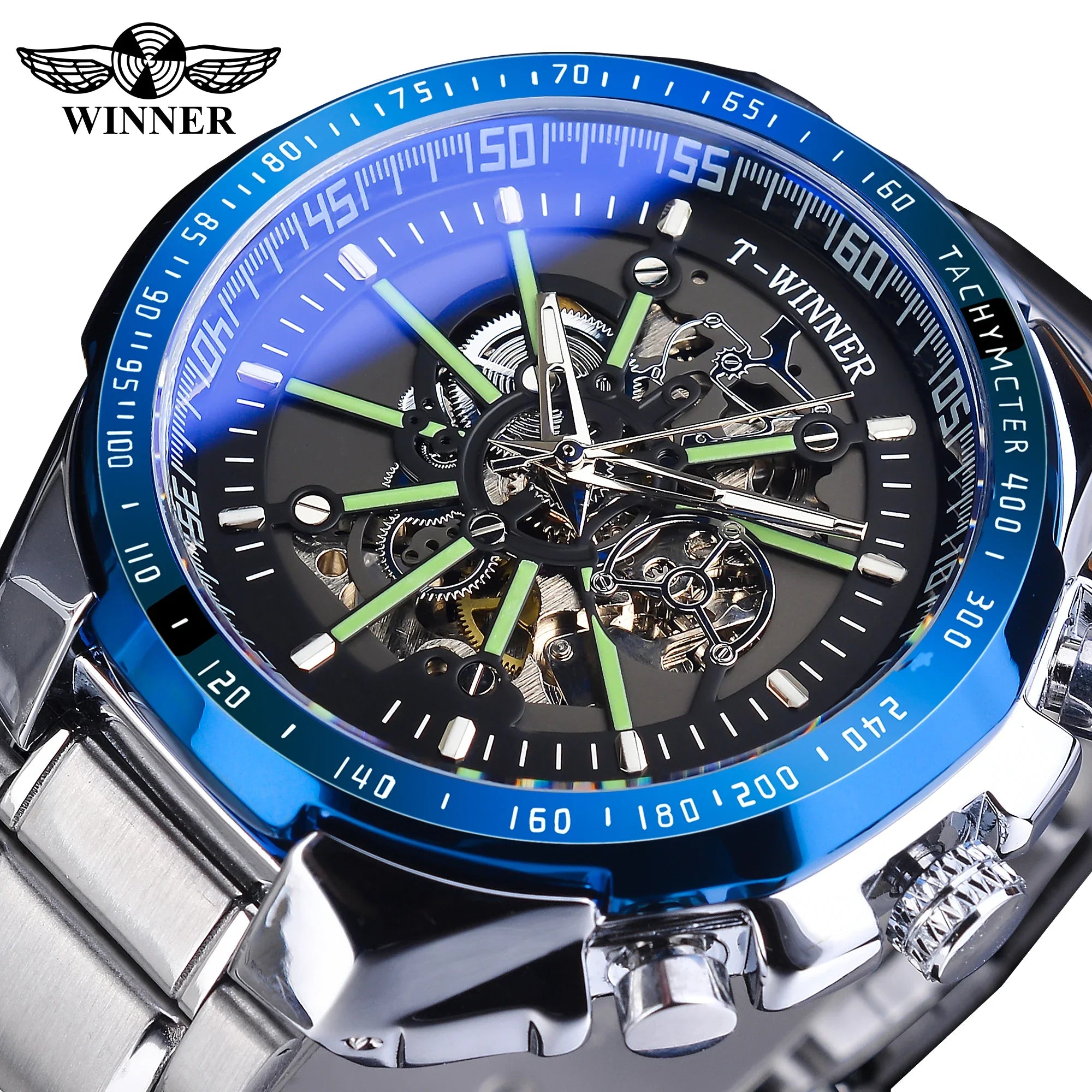 Winner Blue Light Glass New Fashion Mens Watches Black Golden Stainless Steel Waterproof Sport Automatic Watch Luminous Clock