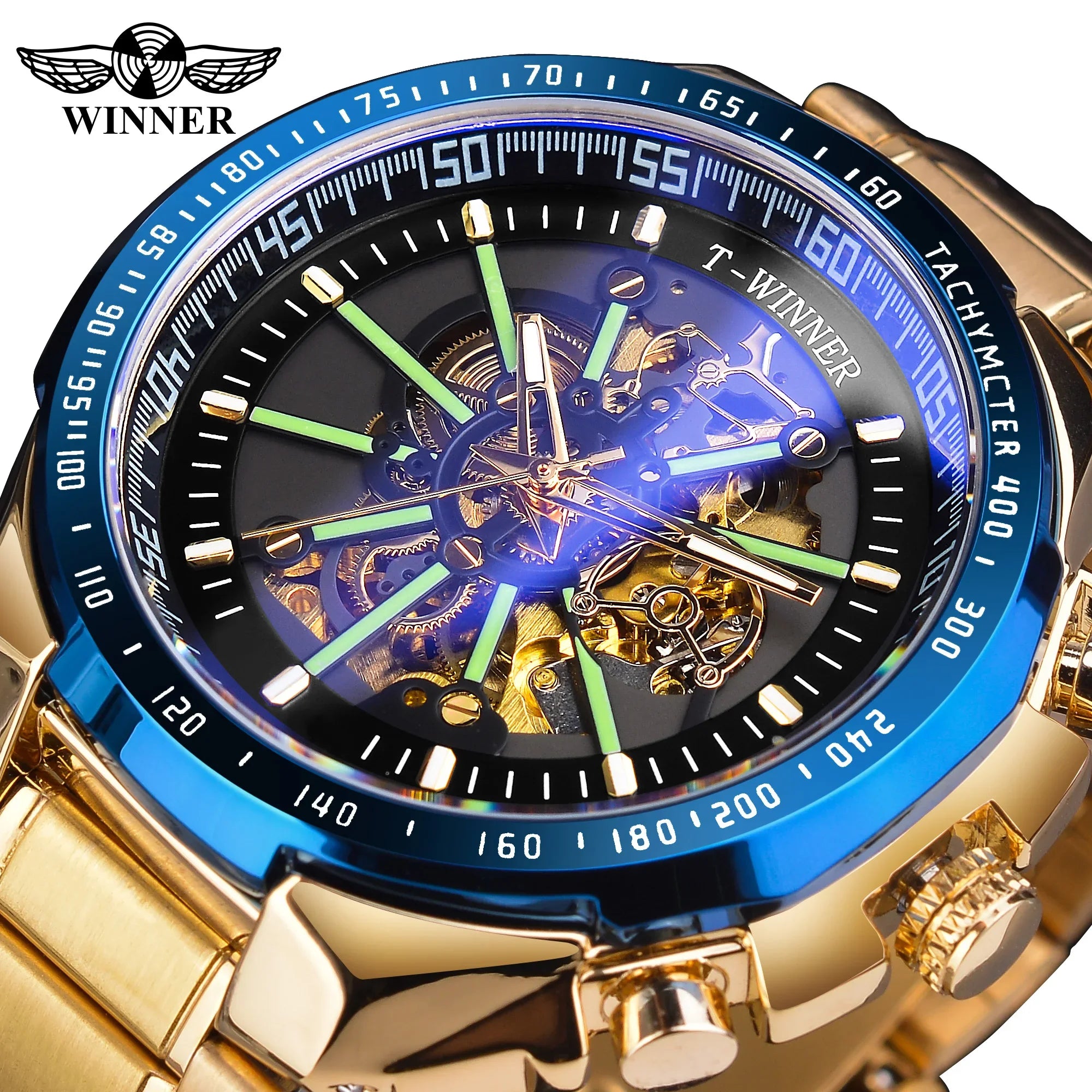 Winner Blue Light Glass New Fashion Mens Watches Black Golden Stainless Steel Waterproof Sport Automatic Watch Luminous Clock