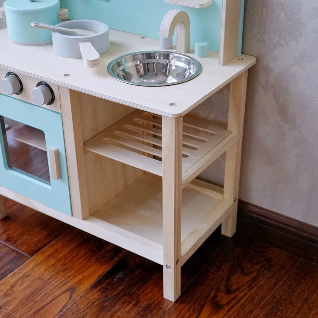 Children's Family Kitchen Toy Set Baby Cooking Stove Mock Blue Kitchen Wooden Play House Toy Role Play Toy