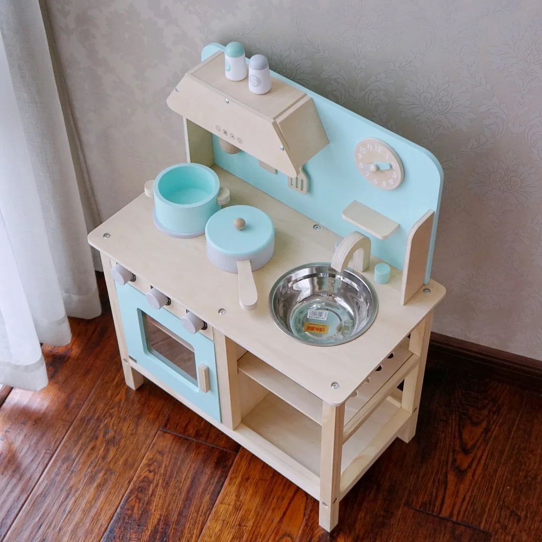 Children's Family Kitchen Toy Set Baby Cooking Stove Mock Blue Kitchen Wooden Play House Toy Role Play Toy