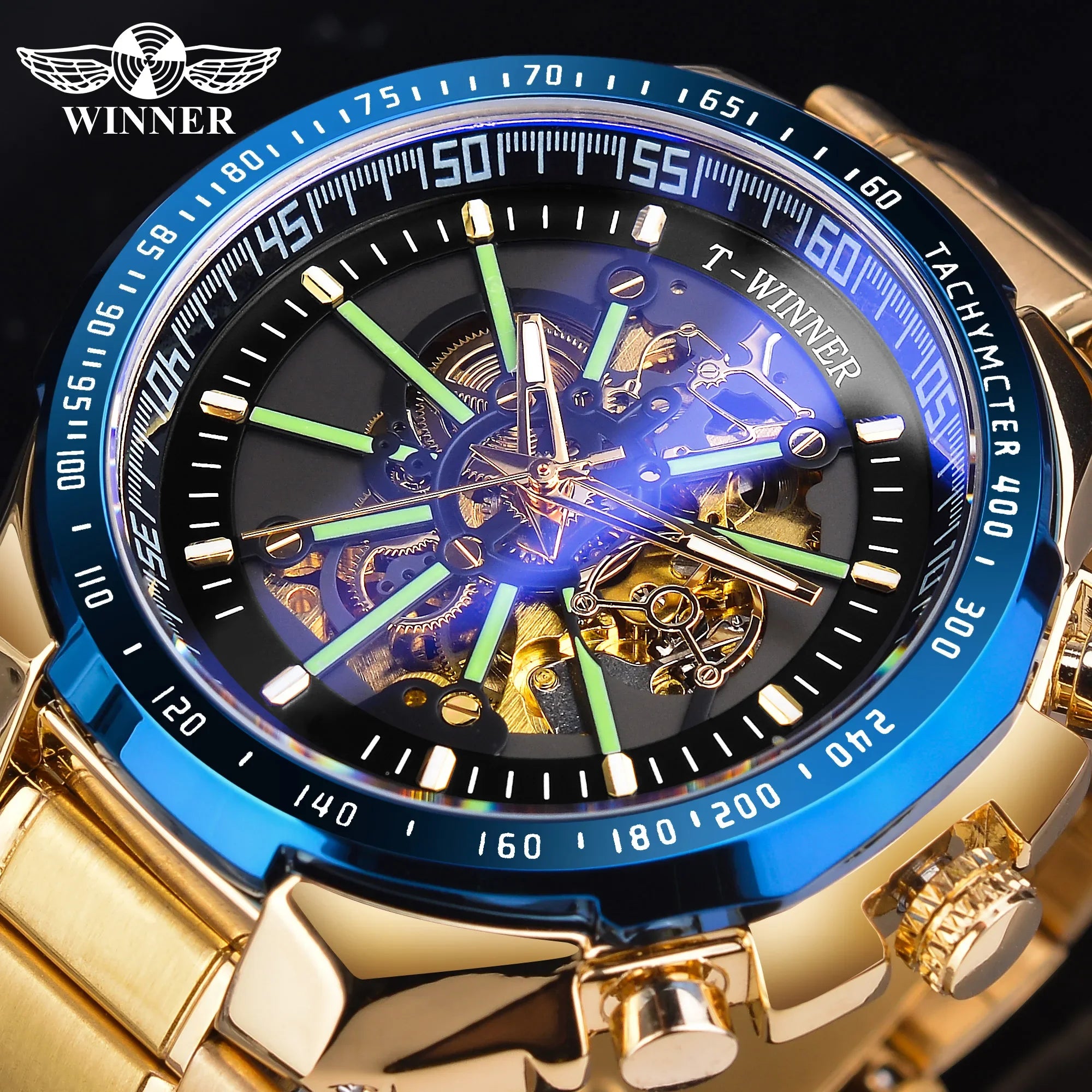 Winner Blue Light Glass New Fashion Mens Watches Black Golden Stainless Steel Waterproof Sport Automatic Watch Luminous Clock