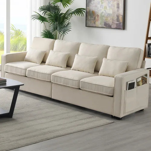 Overseas Warehouse US Stock Beige Fabric Solid Manufactured Wood Pocket Spring 4-Seater Modern Linen Fabric Sofa
