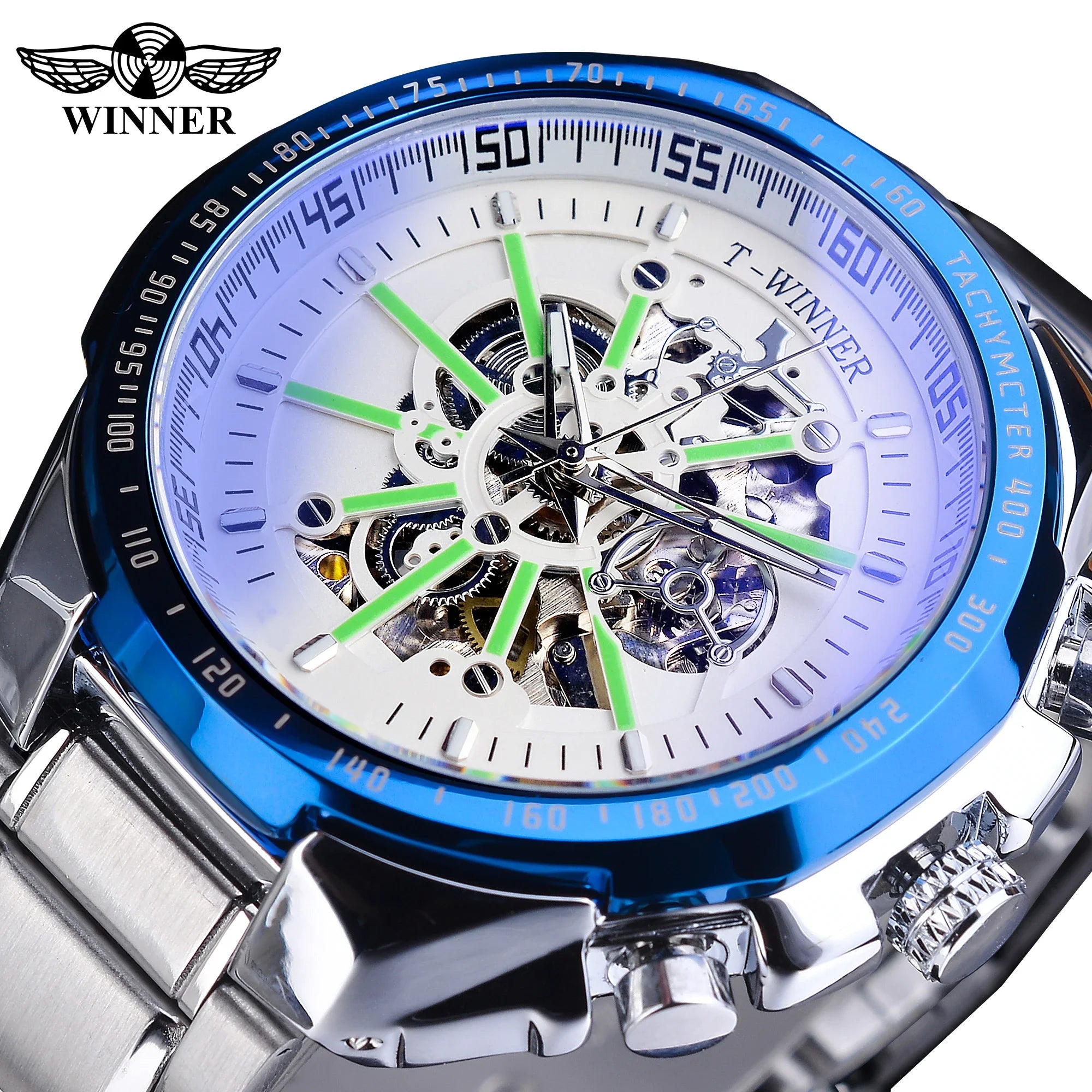 Winner Blue Light Glass New Fashion Mens Watches Black Golden Stainless Steel Waterproof Sport Automatic Watch Luminous Clock