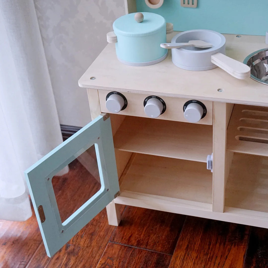 Children's Family Kitchen Toy Set Baby Cooking Stove Mock Blue Kitchen Wooden Play House Toy Role Play Toy