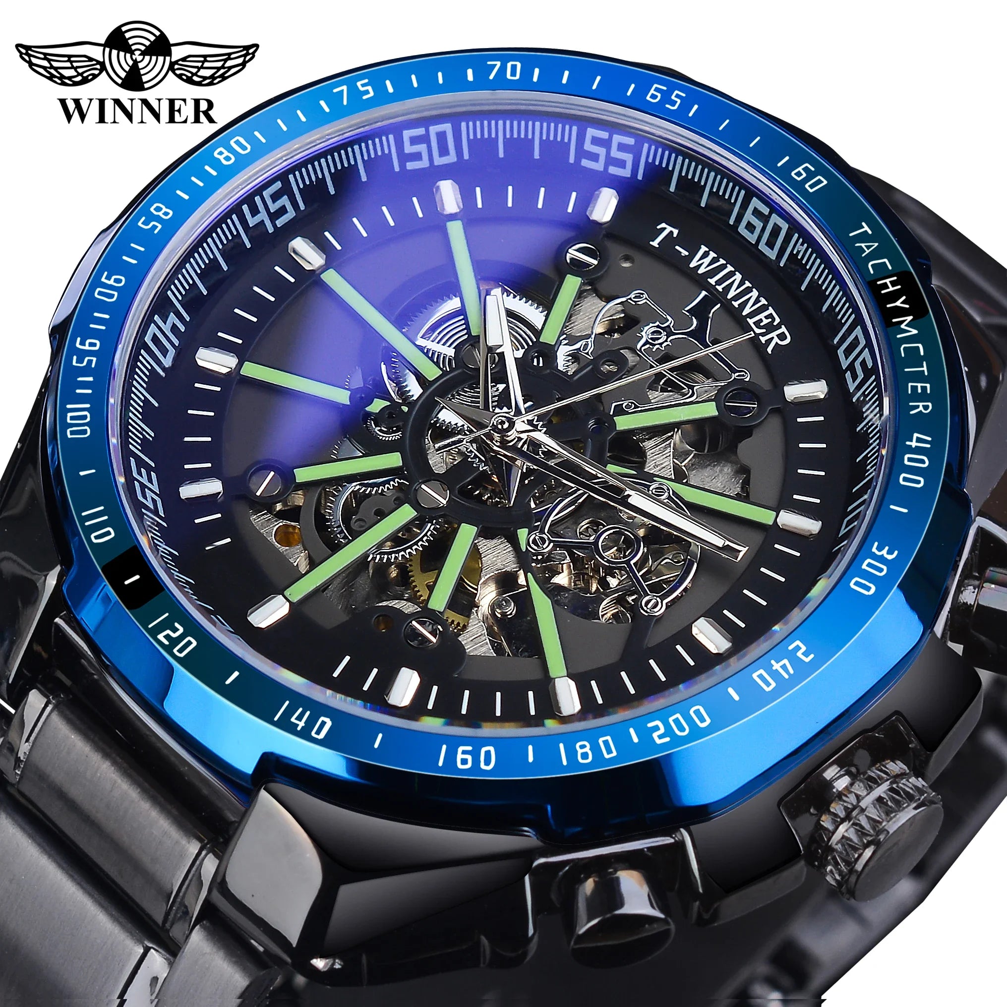 Winner Blue Light Glass New Fashion Mens Watches Black Golden Stainless Steel Waterproof Sport Automatic Watch Luminous Clock