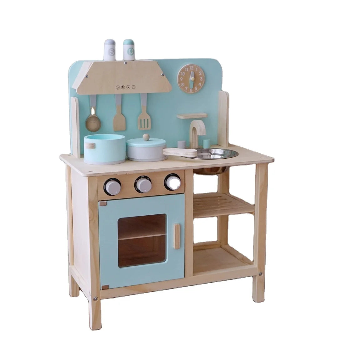Children's Family Kitchen Toy Set Baby Cooking Stove Mock Blue Kitchen Wooden Play House Toy Role Play Toy