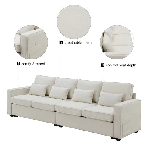 Overseas Warehouse US Stock Beige Fabric Solid Manufactured Wood Pocket Spring 4-Seater Modern Linen Fabric Sofa