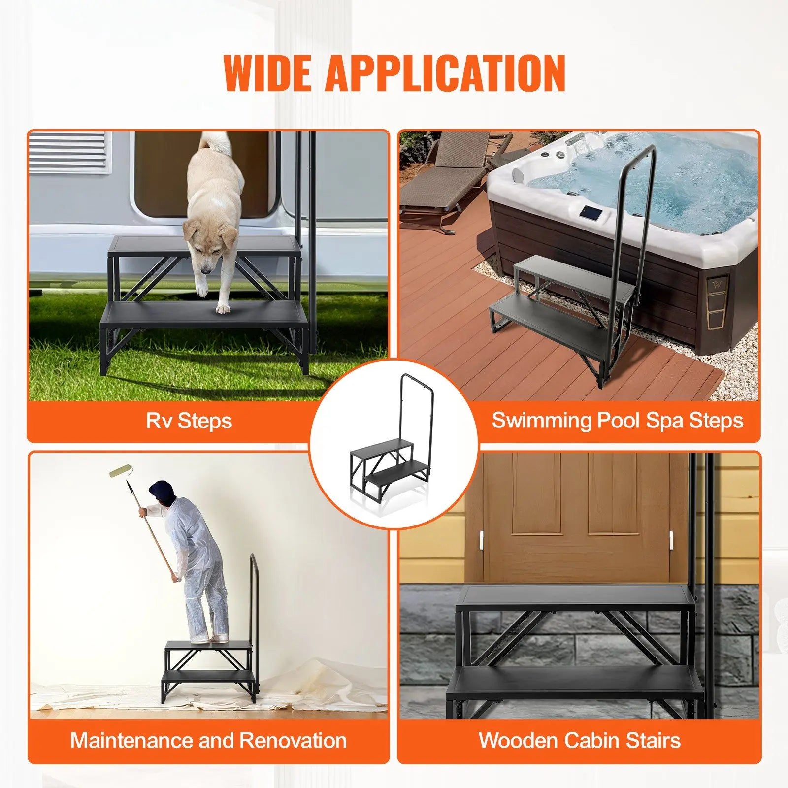 RV Steps, 2-Step RV Stairs, 440 LBS Load Capacity, Thickened Carbon Steel, With Handrail, Non-Slip Steps for Safe Entry and Exit