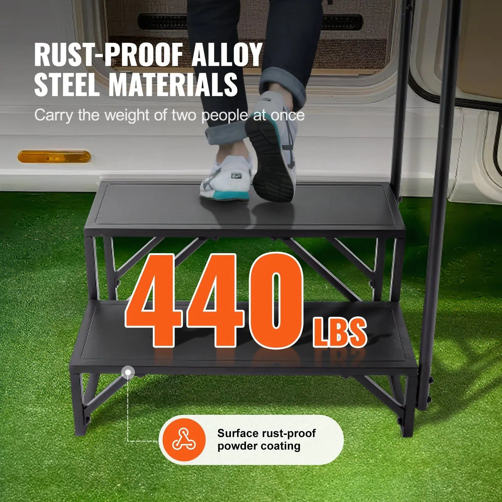 RV Steps, 2-Step RV Stairs, 440 LBS Load Capacity, Thickened Carbon Steel, With Handrail, Non-Slip Steps for Safe Entry and Exit