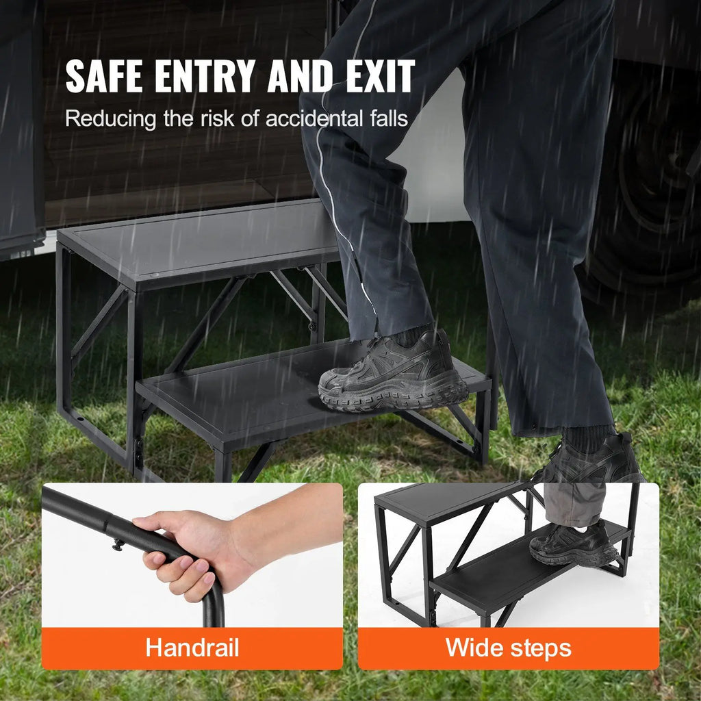 RV Steps, 2-Step RV Stairs, 440 LBS Load Capacity, Thickened Carbon Steel, With Handrail, Non-Slip Steps for Safe Entry and Exit