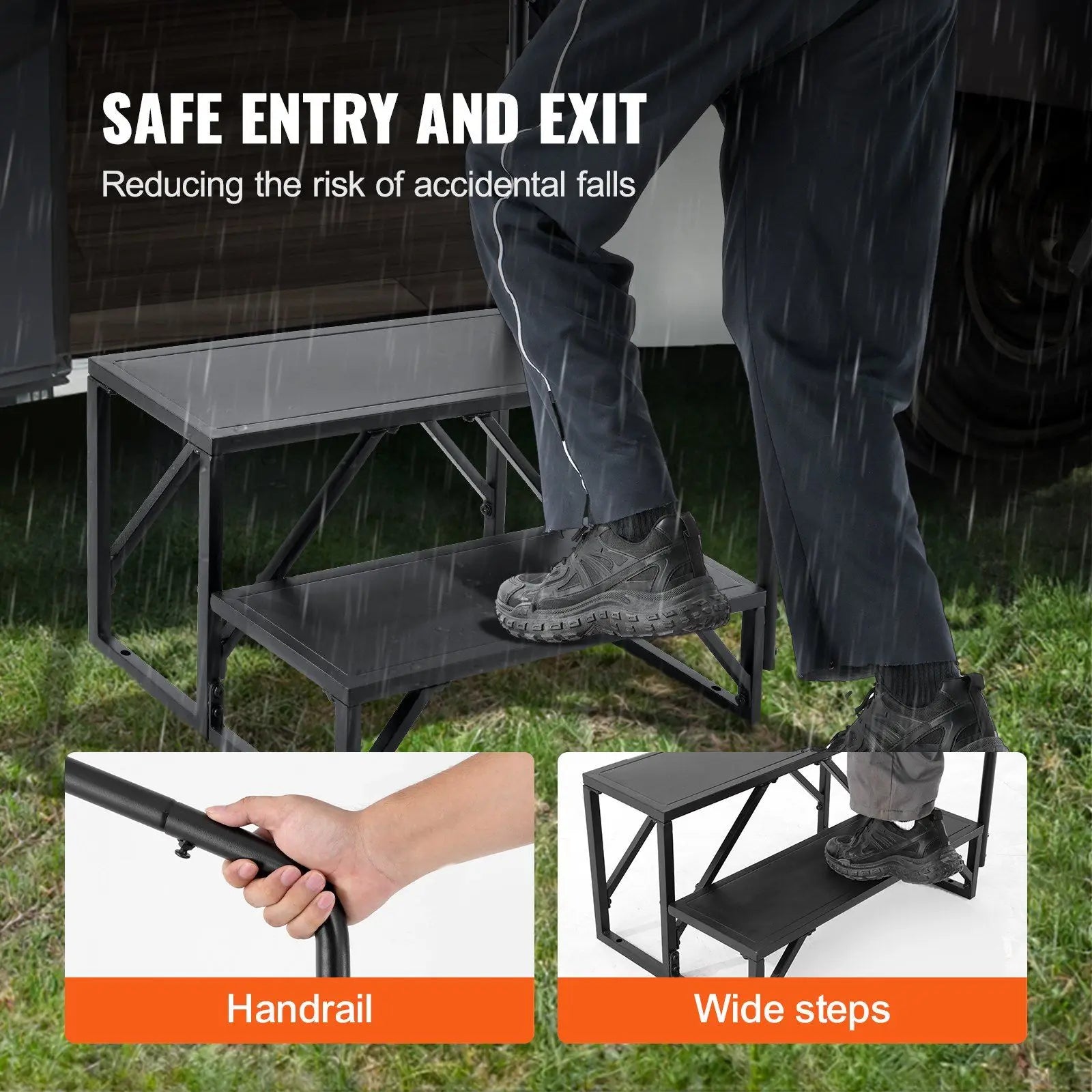 RV Steps, 2-Step RV Stairs, 440 LBS Load Capacity, Thickened Carbon Steel, With Handrail, Non-Slip Steps for Safe Entry and Exit